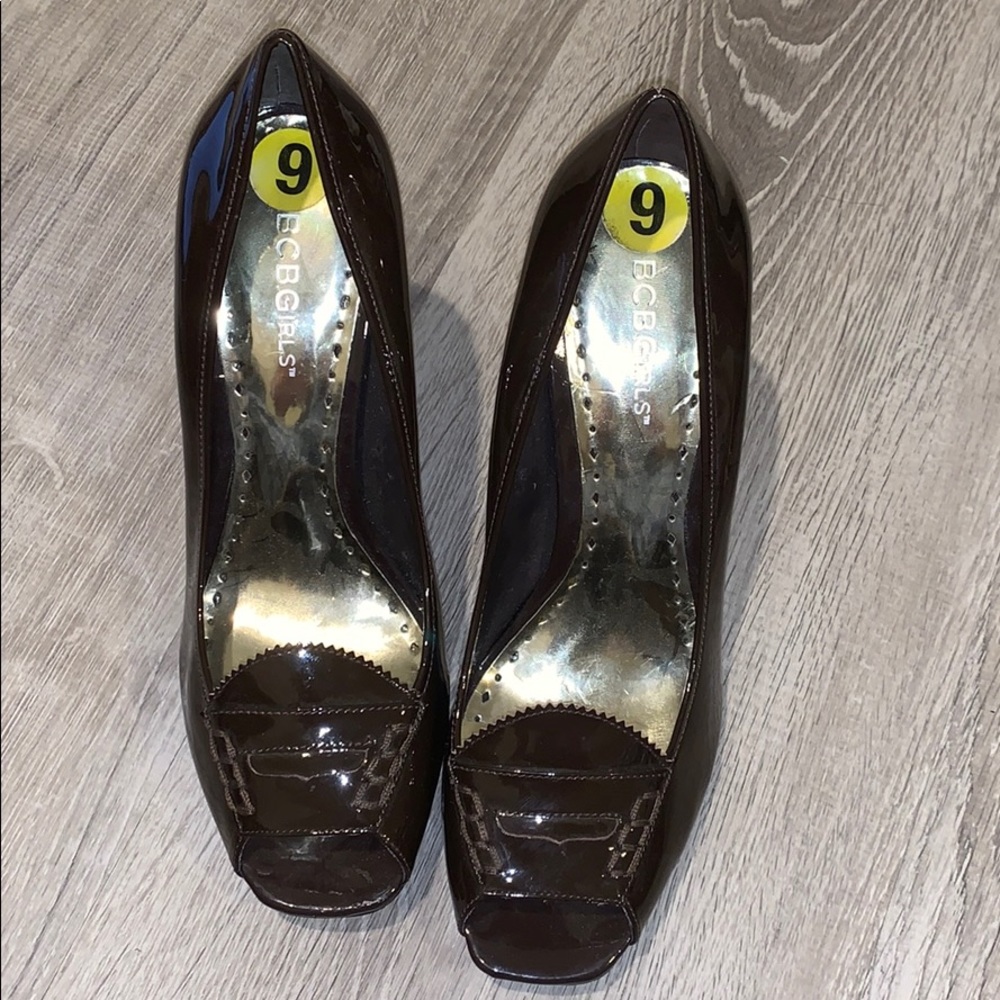 BCBG dark brown patent leather peep toe pumps